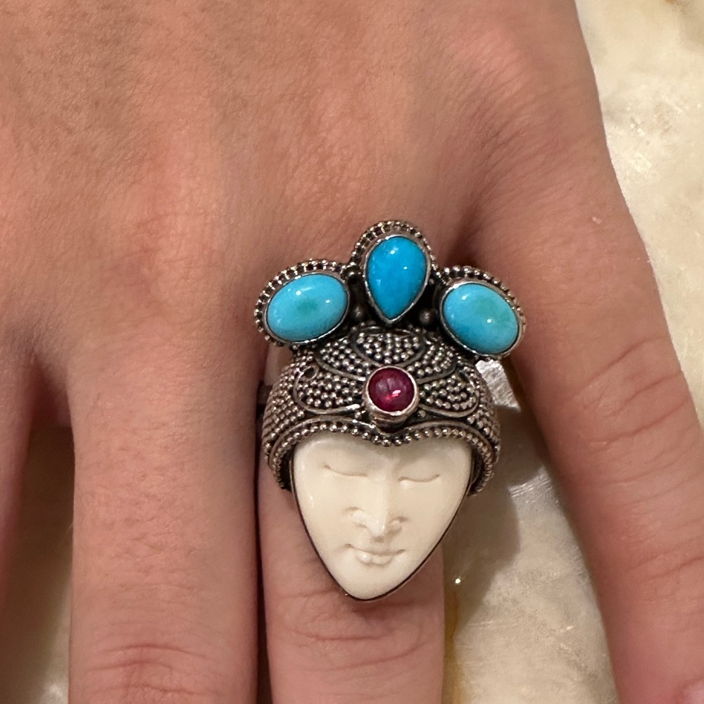 Artisan 925 sterling Silver Ring with Turquoise and Ruby real - Picture 3 of 9